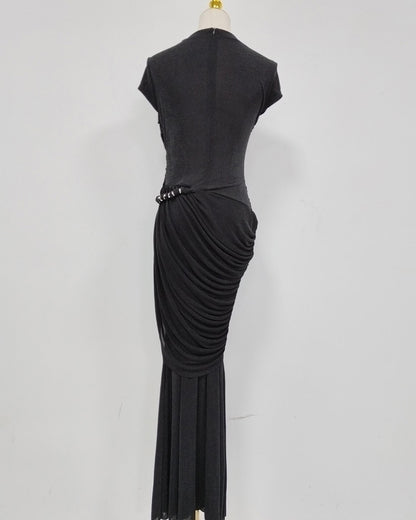 Black Round Neck Ruched Woven Dress