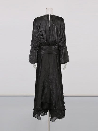 Gothic - Elegant Black Pleated Maxi Dress with Tie Neck and Sash.