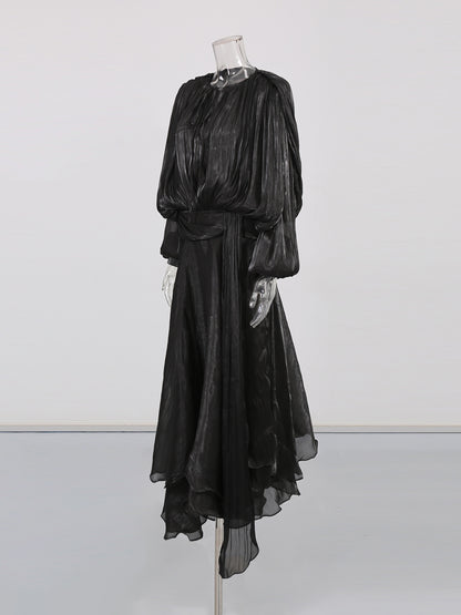 Gothic - Elegant Black Pleated Maxi Dress with Tie Neck and Sash.
