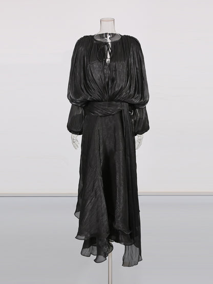 Gothic - Elegant Black Pleated Maxi Dress with Tie Neck and Sash.