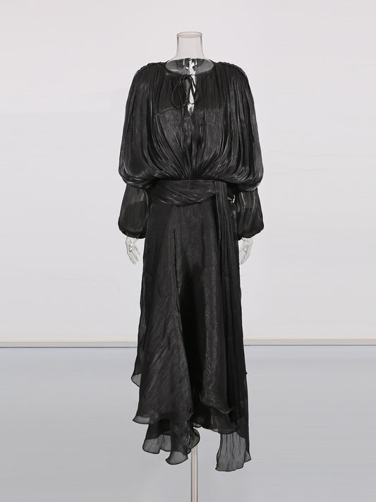 Gothic - Elegant Black Pleated Maxi Dress with Tie Neck and Sash.