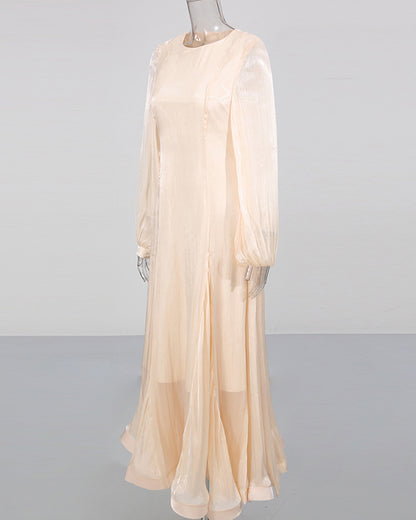 Apricot Shimmery Puff Sleeve Maxi Dress