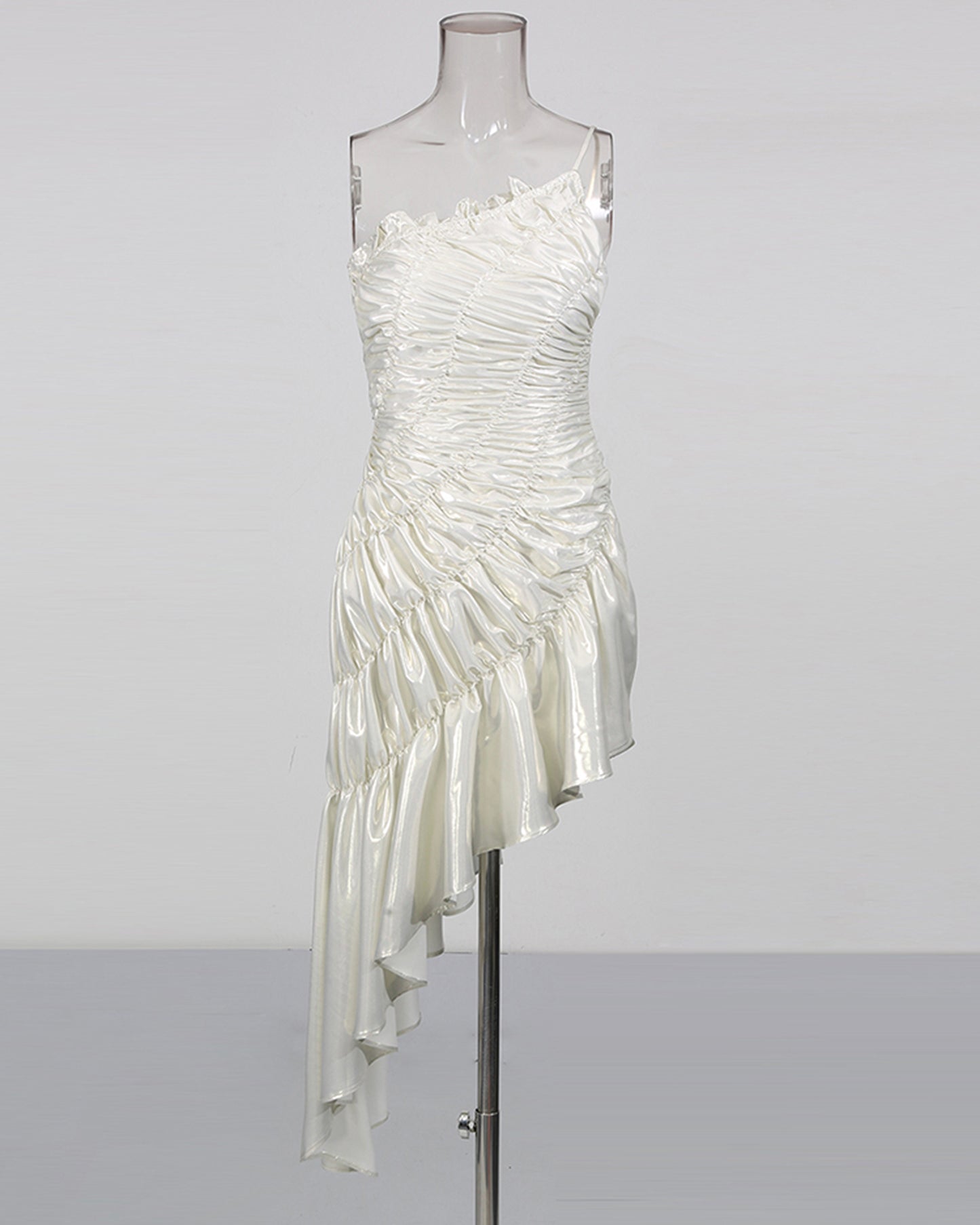 Silver Ruched Asymmetric Ruffle Mini Dress