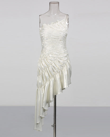 Silver Ruched Asymmetric Ruffle Mini Dress
