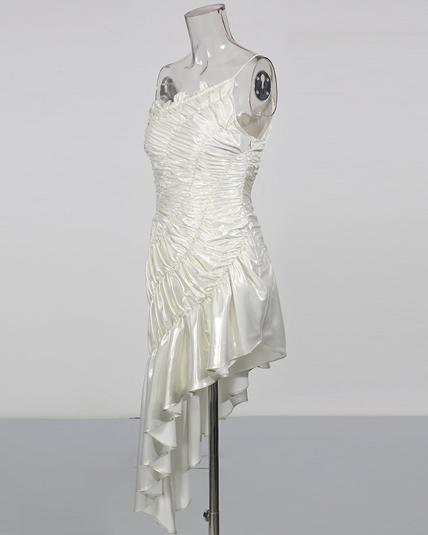 Silver Ruched Asymmetric Ruffle Mini Dress