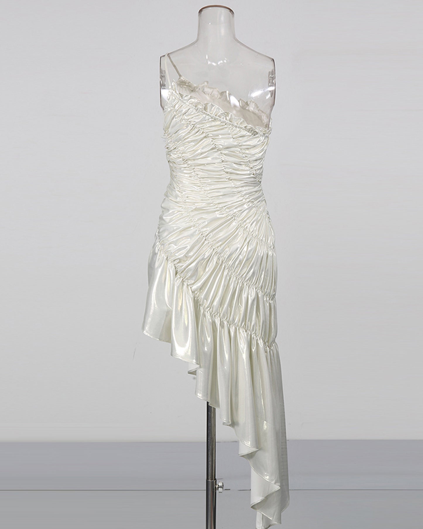 Silver Ruched Asymmetric Ruffle Mini Dress