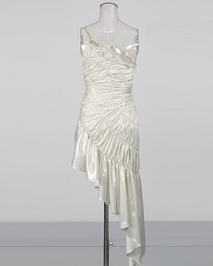 Silver Ruched Asymmetric Ruffle Mini Dress