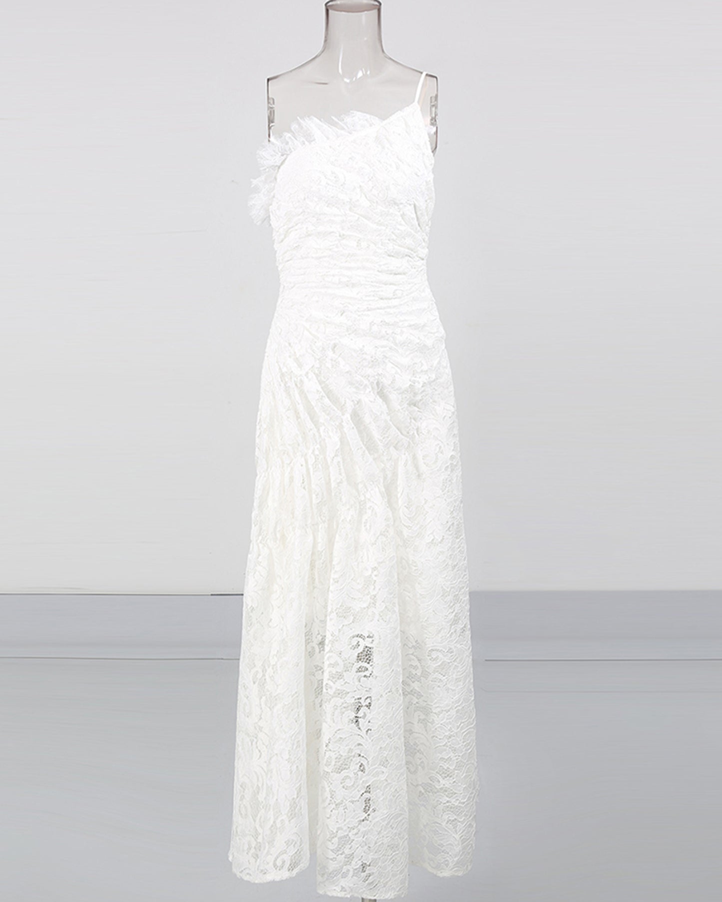 White Lace Ruched Strapless Maxi Dress