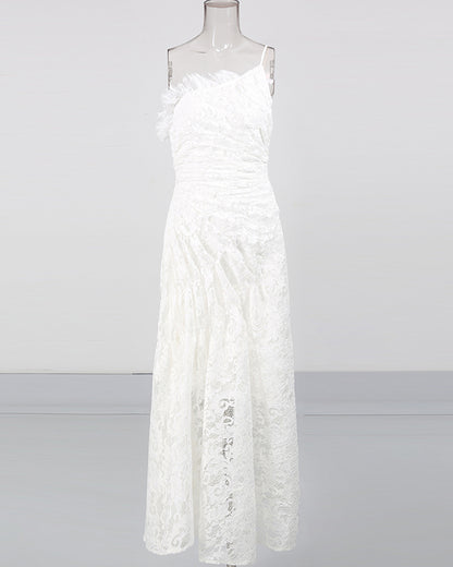 White Lace Ruched Strapless Maxi Dress