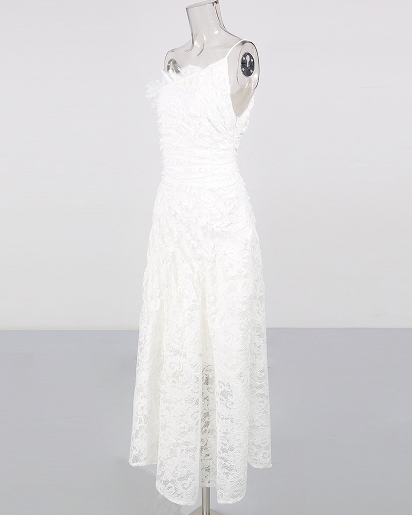 White Lace Ruched Strapless Maxi Dress
