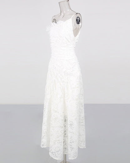 White Lace Ruched Strapless Maxi Dress