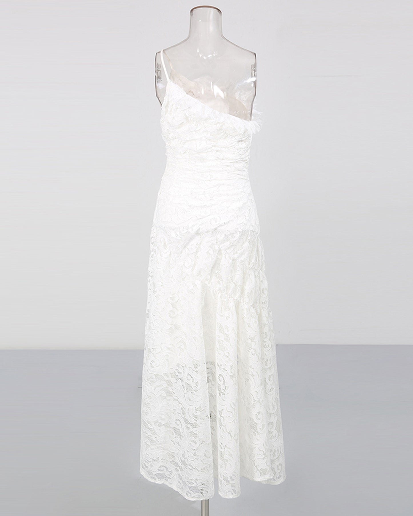 White Lace Ruched Strapless Maxi Dress