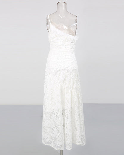 White Lace Ruched Strapless Maxi Dress
