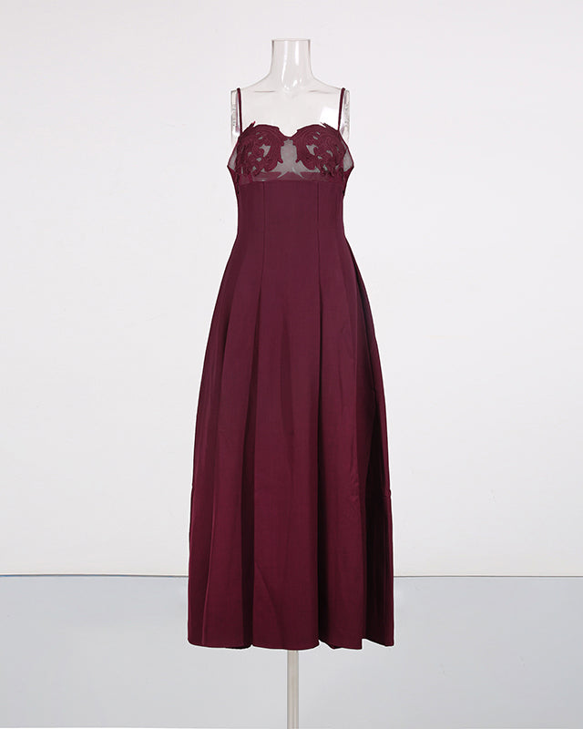 Wine Red Lace Applique Spaghetti Strap Midi Dress