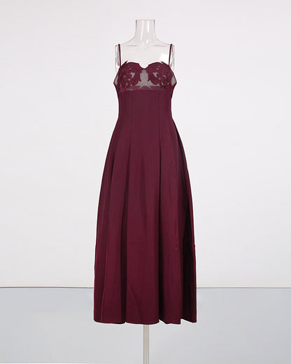Wine Red Lace Applique Spaghetti Strap Midi Dress