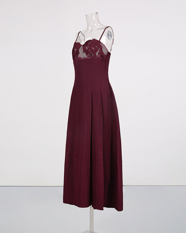 Wine Red Lace Applique Spaghetti Strap Midi Dress