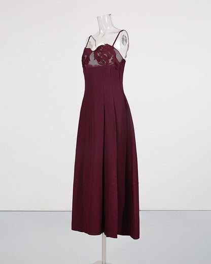 Wine Red Lace Applique Spaghetti Strap Midi Dress