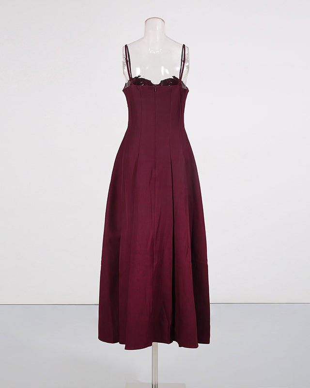 Wine Red Lace Applique Spaghetti Strap Midi Dress