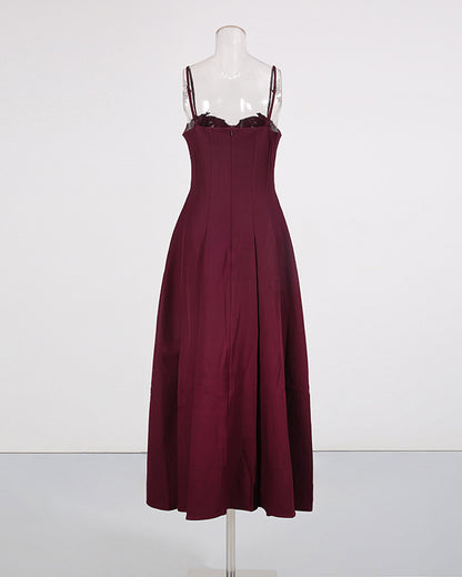 Wine Red Lace Applique Spaghetti Strap Midi Dress