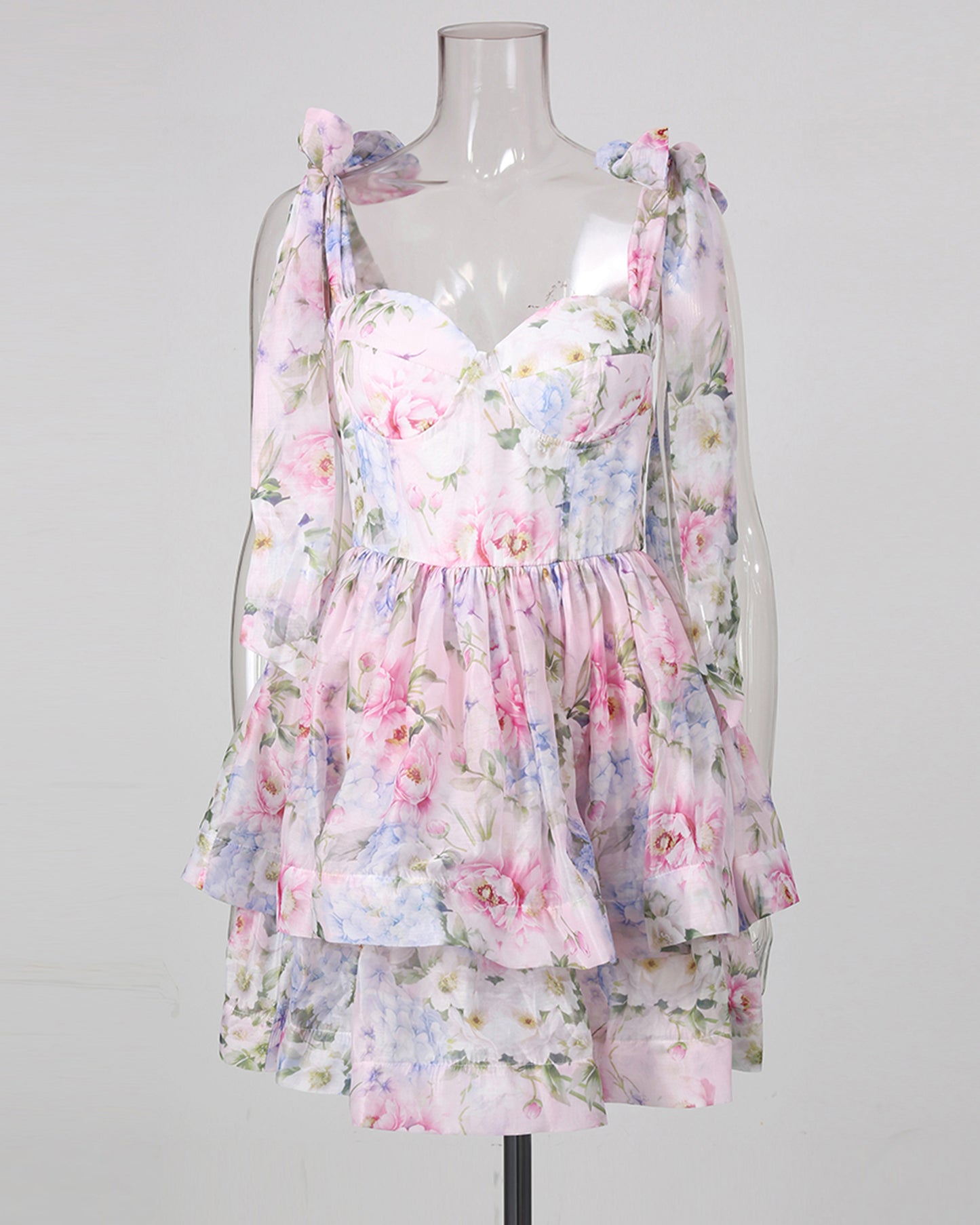 Floral Tie-Strap Ruffle Cake Dress