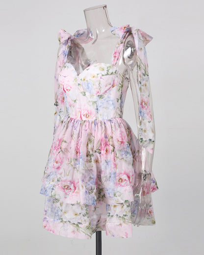 Floral Tie-Strap Ruffle Cake Dress