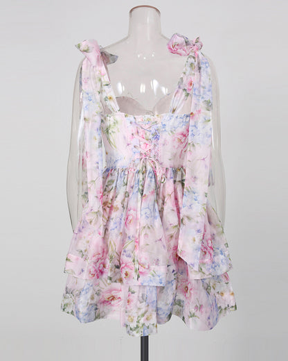 Floral Tie-Strap Ruffle Cake Dress