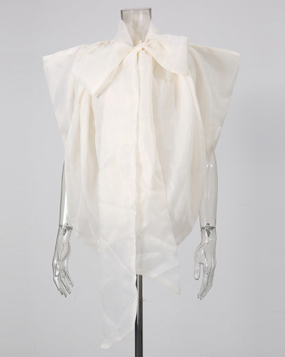 Apricot Bowknot Stand Collar Loose Blouse