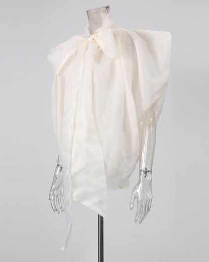 Apricot Bowknot Stand Collar Loose Blouse