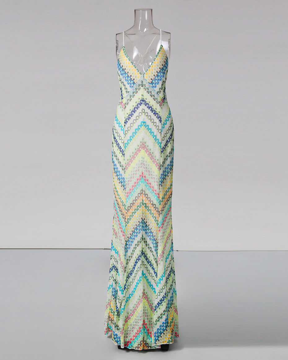 Multicolor Print Spaghetti Strap Backless Maxi Dress