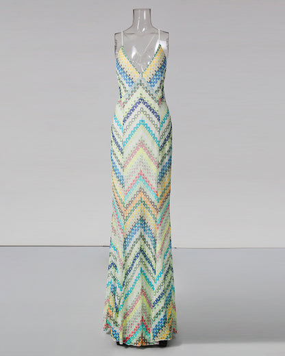 Multicolor Print Spaghetti Strap Backless Maxi Dress
