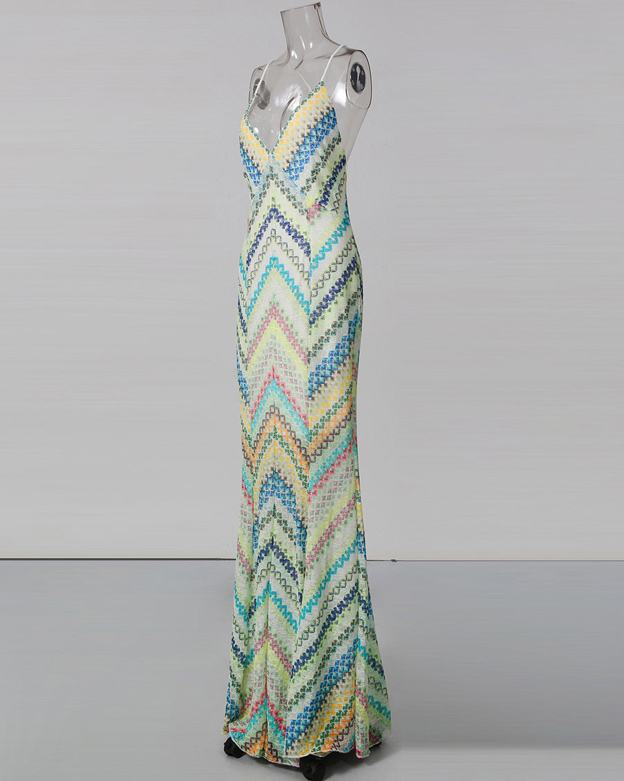 Multicolor Print Spaghetti Strap Backless Maxi Dress