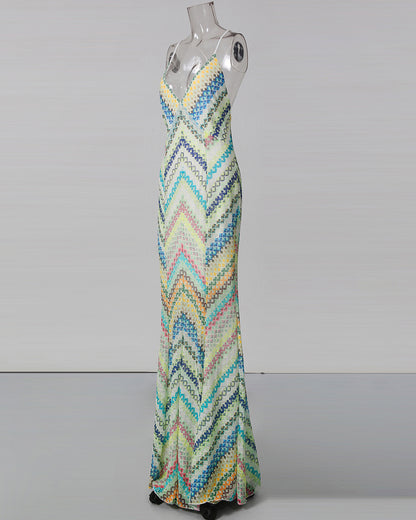 Multicolor Print Spaghetti Strap Backless Maxi Dress