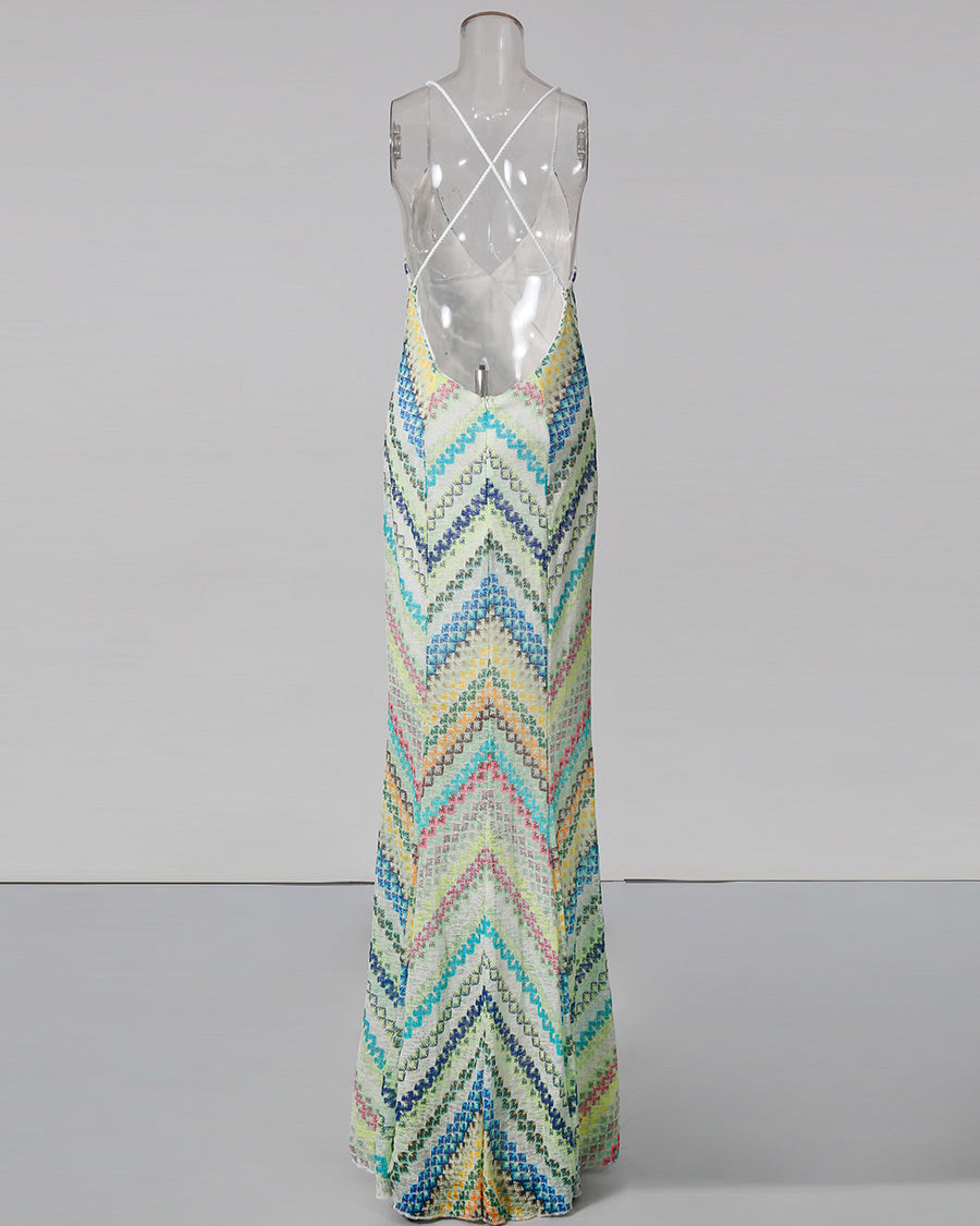 Multicolor Print Spaghetti Strap Backless Maxi Dress