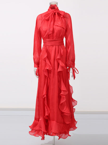 Solid Patchwork Ruffles Long Dress