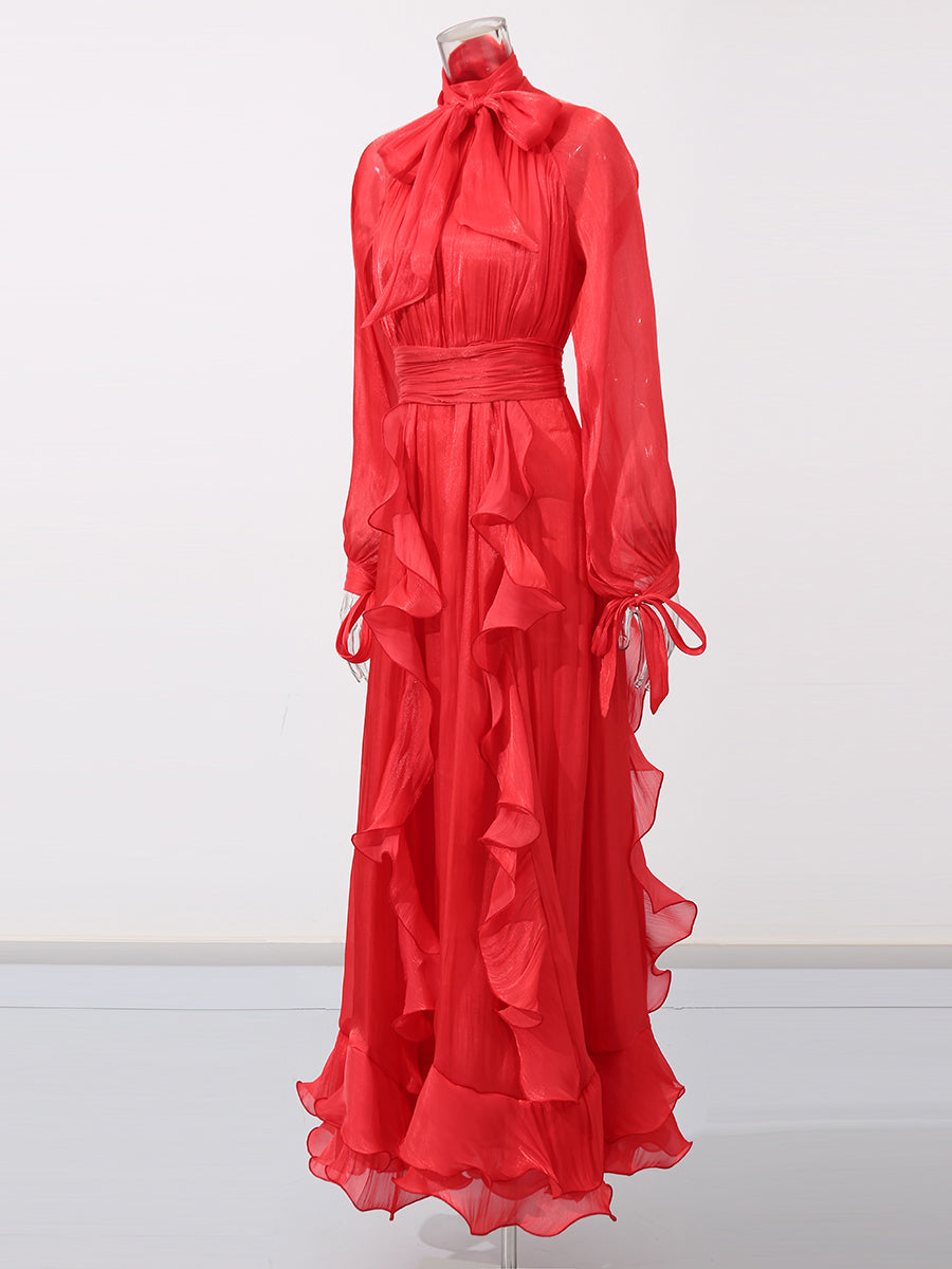 Solid Patchwork Ruffles Long Dress