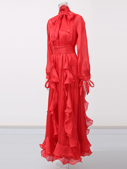 Solid Patchwork Ruffles Long Dress