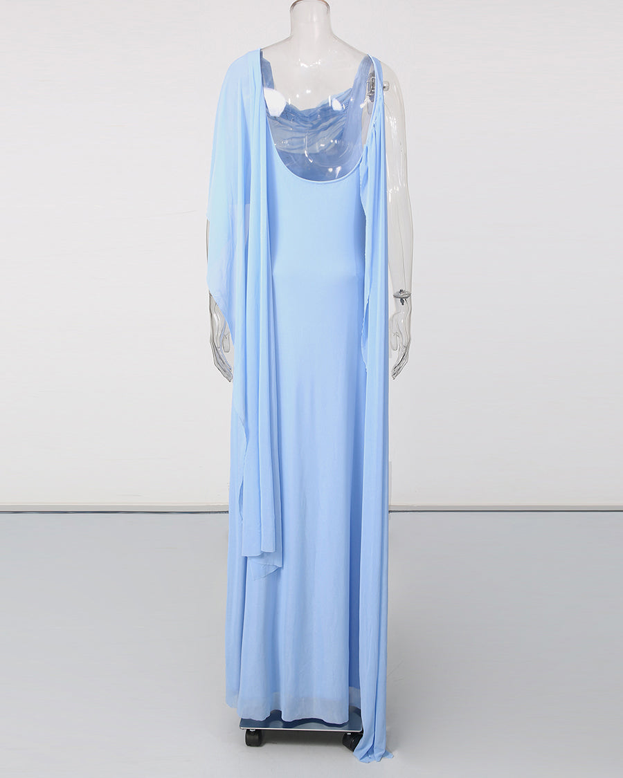 Babyblue One Shoulder Draped Mesh Floor Maxi Dress