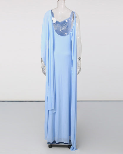 Babyblue One Shoulder Draped Mesh Floor Maxi Dress