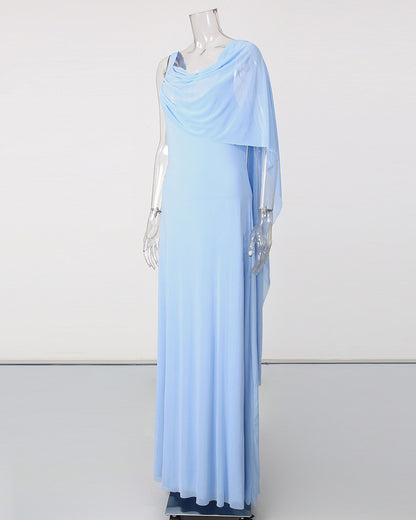 Babyblue One Shoulder Draped Mesh Floor Maxi Dress