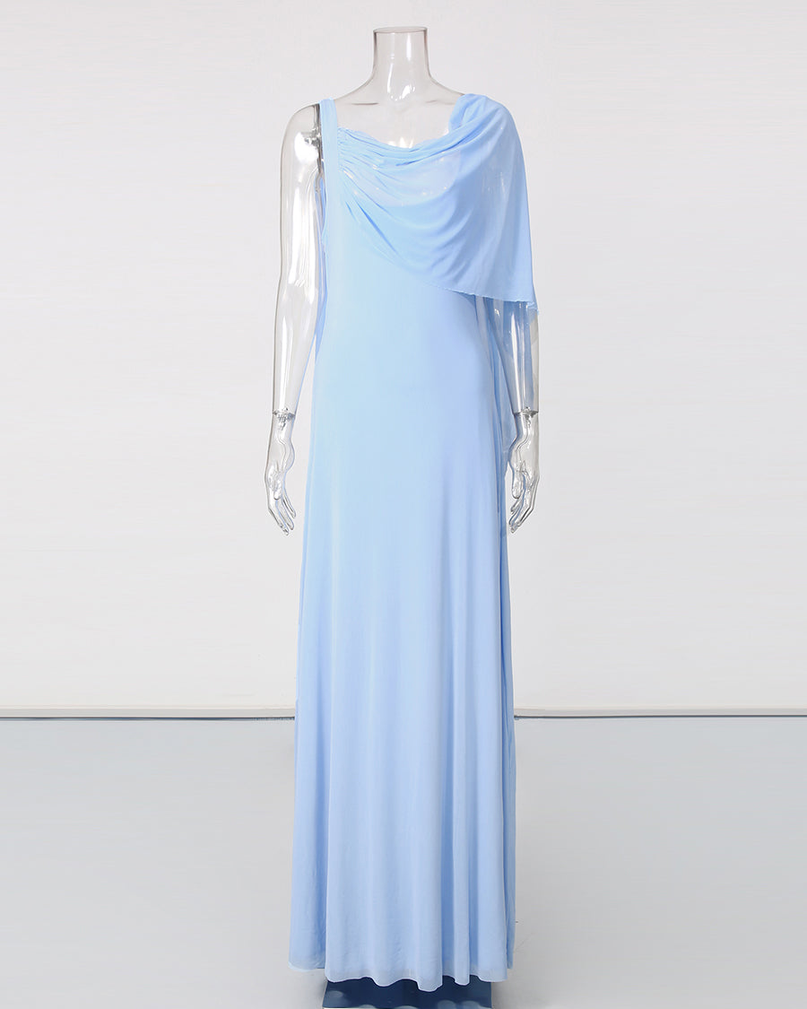 Babyblue One Shoulder Draped Mesh Floor Maxi Dress