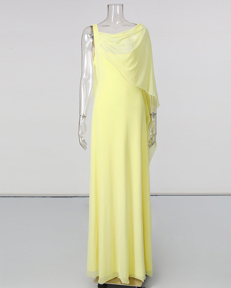 Yellow One Shoulder Draped Mesh Floor Maxi Dress