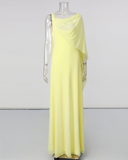 Yellow One Shoulder Draped Mesh Floor Maxi Dress