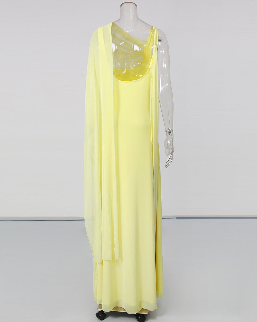 Yellow One Shoulder Draped Mesh Floor Maxi Dress