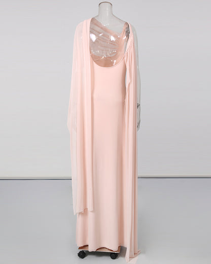 Pink One Shoulder Draped Mesh Floor Maxi Dress