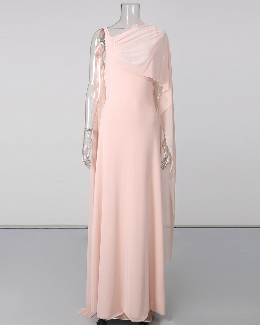 Pink One Shoulder Draped Mesh Floor Maxi Dress