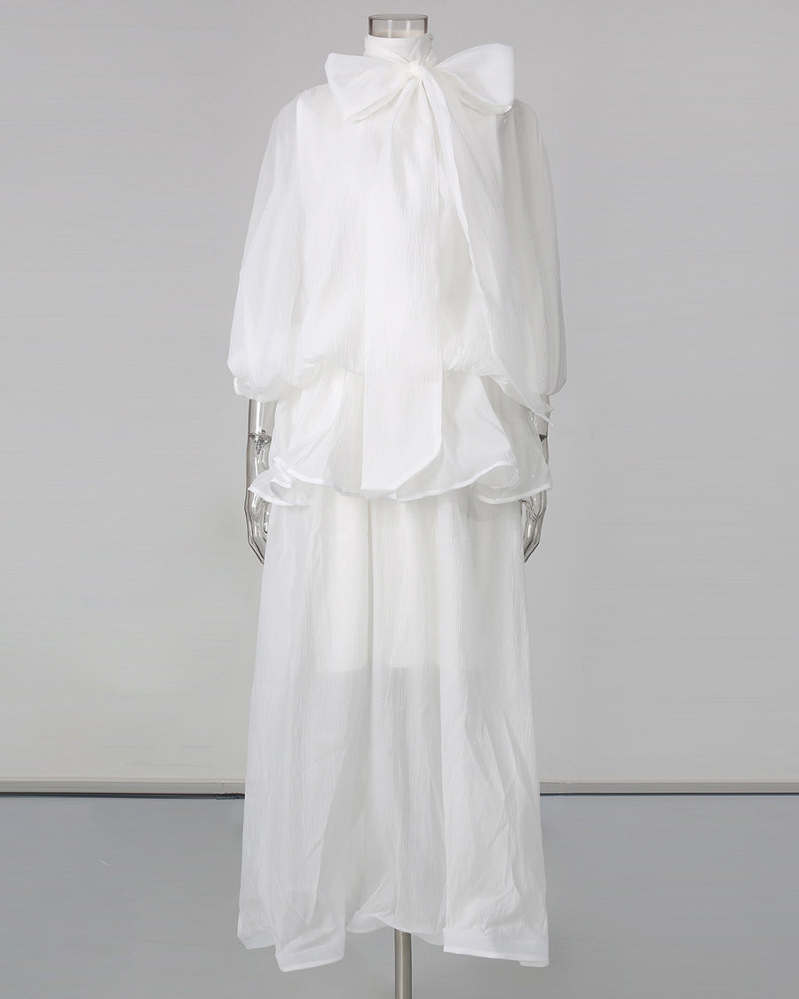 White Lace Up Ruffled Sheer Long Dress