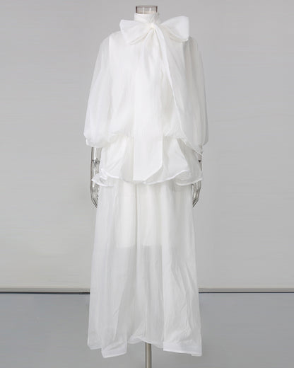 White Lace Up Ruffled Sheer Long Dress