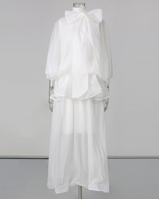 White Lace Up Ruffled Sheer Long Dress