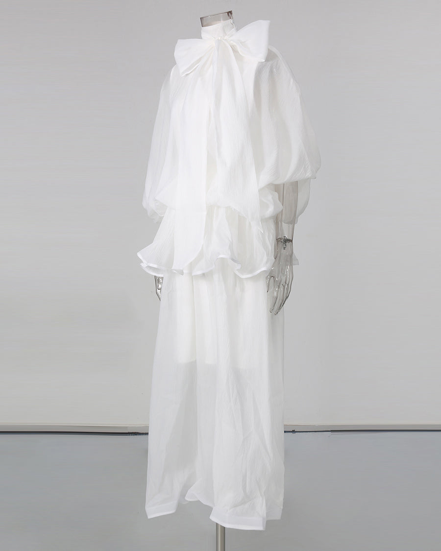 White Lace Up Ruffled Sheer Long Dress