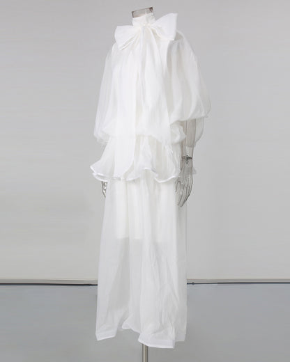 White Lace Up Ruffled Sheer Long Dress